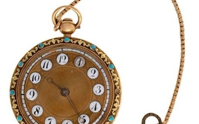 An early 19th century two colour gold and turquoise-set open-face keywind cylinder pocket watch, by Arnold Dent, the gold engine-turned dial with black and white enamelled Arabic numerals and gold moon hands, the full plate movement with foliate...