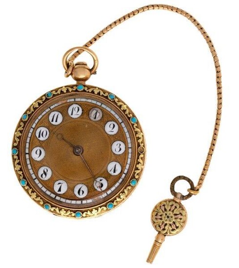 An early 19th century two colour gold and turquoise-set open-face keywind cylinder pocket watch, by Arnold Dent, the gold engine-turned dial with black and white enamelled Arabic numerals and gold moon hands, the full plate movement with foliate...