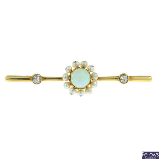 An early 20th century 15ct gold opal, seed pearl and diamond bar brooch.