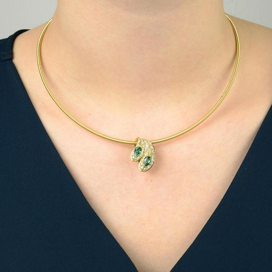 An emerald and diamond pendant, with 18ct gold