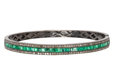 An emerald, diamond and silver bracelet