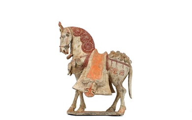 Ancient Chinese Terracotta A Magnificent Painted Grey Pottery Figure of a Caparisoned Horse, with TL test - 36.5 cm