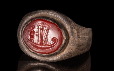 Ancient Roman Silver Ring with Red Stone Intaglio of Cupid in a Boat (No Reserve Price)