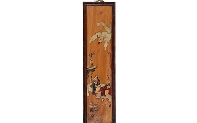 Antiek Chinees panel in hout met stenen ingelegd decor : "Geanimeerd interieurzicht" - 95,5 x...
