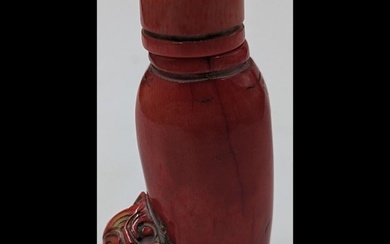 Antique Chinese Carved Red Coral Snuff Bottle With Bronze Spoon
