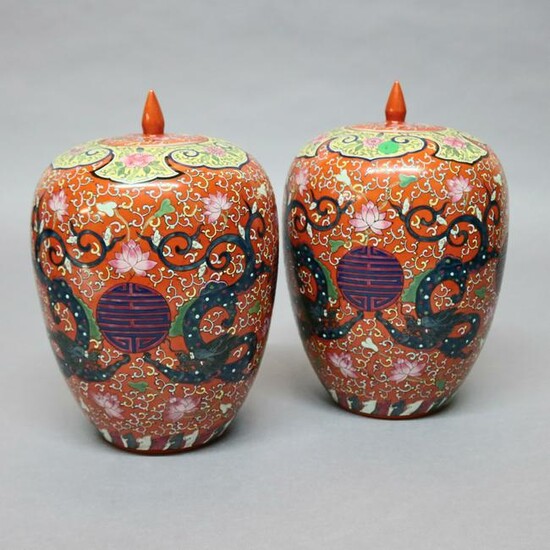 Pair Antique Chinese Enameled Porcelain Polychrome Urns