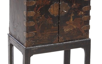 Antique Chinese Export Black Lacquer Cabinet on Stand, 19th c., the double door cabinet having a