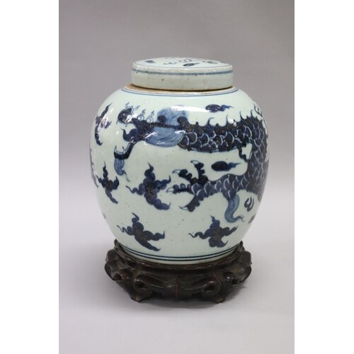 Antique Chinese ovoid ginger jar and cover, painted in under...