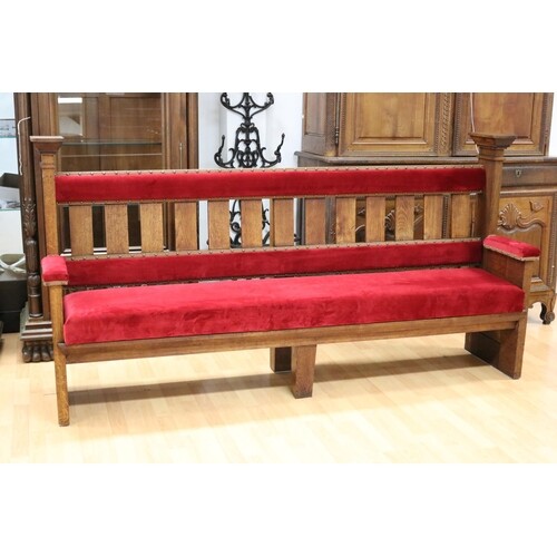 Antique long oak church pew, well upholstered, approx 210cm ...