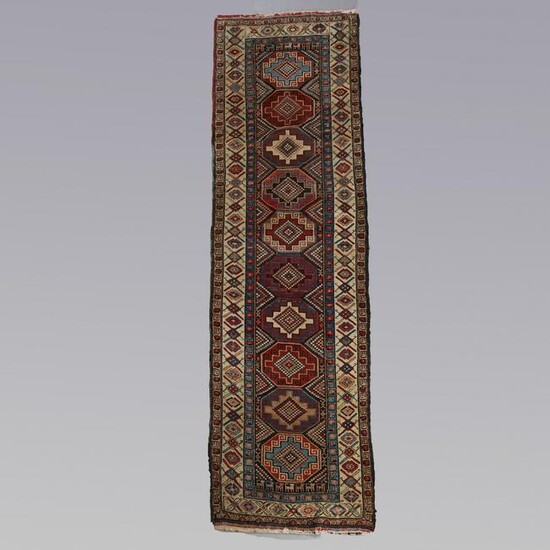 Antique Hand Knotted Caucasian Kazak Tribal Long Rug