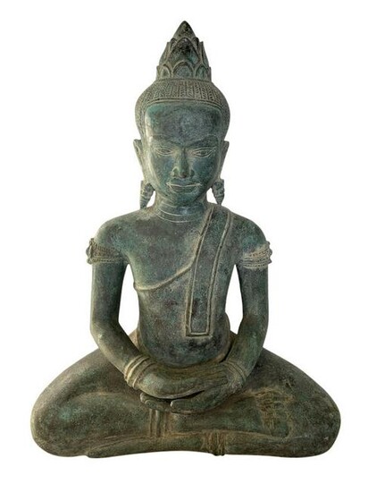 Antique Khmer Style Bronze Seated Meditation Buddha