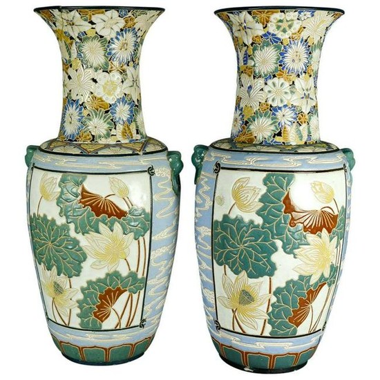 Antique Pair Monumental Chinese Enameled Floor Vases