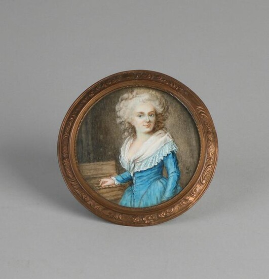 Antique miniature painting. Bust lady with jewelry.