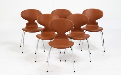 Arne Jacobsen. A set of six 'Myren' chairs, cognac colored leather, model 3101 (6)