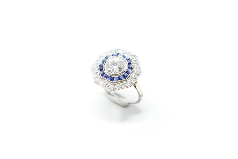 Art Deco ring with an octagonal platinum bezel centered on...