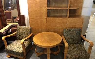 Art-deco Karelian birch furniture set 20th century 30th year Latvia. Karelian rub, matte varnish, fabric, glass. Size for cabinet 165x170x44 cm, table - 62x79 cm, chairs - 80x68x70 cm