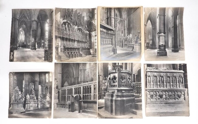 Attributed to Frederick Henry Evans, British 1853-1945- A group of black and white photographs of Westminster Abbey, to include details of architecture, tombs, and monuments, unframed, each inscribed ‘Westminster Abbey’ to verso, sizes ranging from...