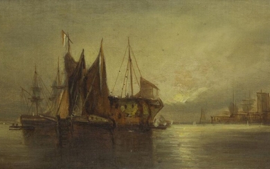 Attributed to Richard Henry Nibbs, British 1816-1893- Shipping scenes at sunset; oils on canvas, each bears old inscription 'R. Nibbs' on the upper horizontal stretcher bars, one bears inscription 'R. Nibbs' on old backing paper, each 20.5 x 40.4...