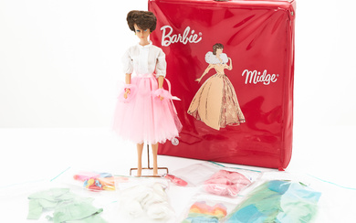 BARBIE, Bubble-Cut Brunette, marked Midge T. M. ©1962 Barbie® © 1958 by Mattel, Inc. Patented (from 1964-1965), clothing, stand, carrying case in red (Barbie/Midge), accessories, Mattel 1960s.