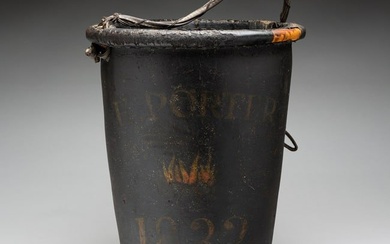 BLACK PAINTED LEATHER FIRE BUCKET.
