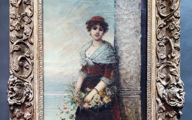 Baratto Romanelli: Girl with Basket of Flowers Oil/Canvas