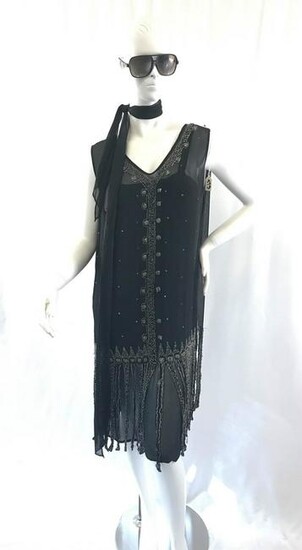 Black and Silver-Beaded 1920s Flapper Dress