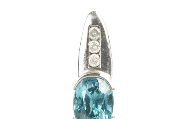 Blue Zircon, Diamond, 14k White Gold Slide Pendant.