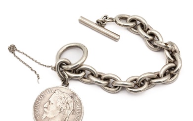 Bracelet en argent massif maillons jaseron avec une pièce de 5F argent Napoléon III Empereur...