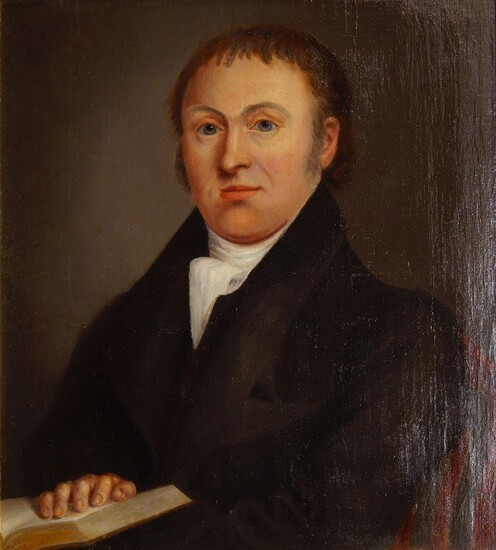British School, 19th century- Portrait of gentleman seated half-length turned to the left holding a book; oil on canvas, 50.5 x 46 cm