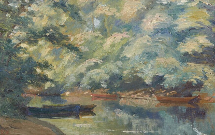 British School, late 19th/early 20th century- River landscape with boats;...