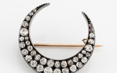 Brooch, crescent moon with old-cut diamonds