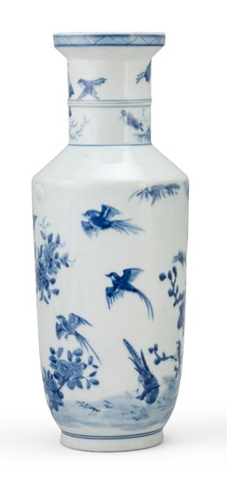CHINESE BLUE AND WHITE PORCELAIN VASE In rouleau form, with a bird and flower design. Six-character Yongzheng mark on base. Height 1...