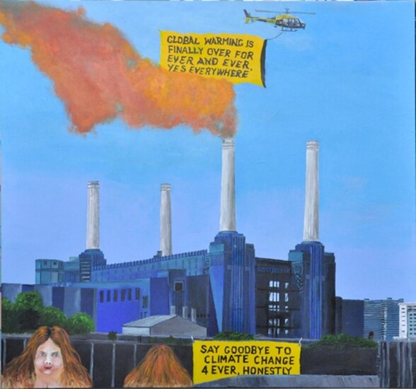 CHRIS MASON (born 1976) Power station with two voluptuous ladies and a helicopter with a big sign 2017 acrylic on canvas