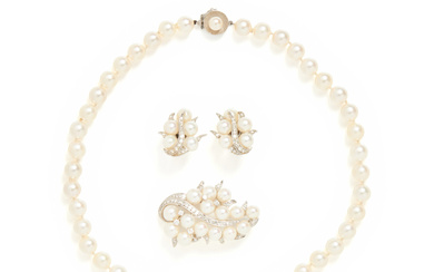 CULTURED PEARL AND DIAMOND JEWELRY SUITE
