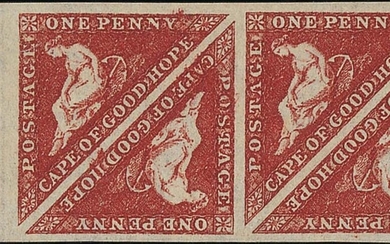 Cape of Good Hope 1863-64 De La Rue 1d. deep carmine-red, block of four from the left of the sh...