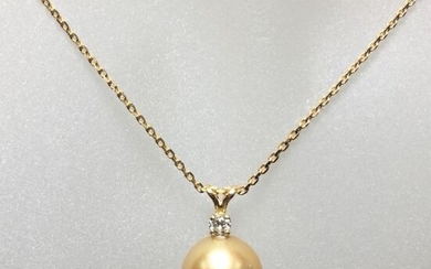 Chain and pendant in yellow gold, 750 MM, decorated with a beautiful "Gold" coloured South Sea cultured pearl, diameter 11/11,50 mm under a diamond, spring ring clasp, length of the chain 44 cm, weight: 4,9gr. rough.