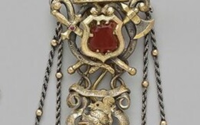 Chatelaine in openwork and engraved silver and vermeil,...