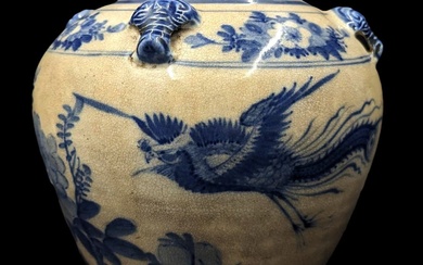 Chinese Blue And White Crackle Glazed Porcelain Jar With Bird...