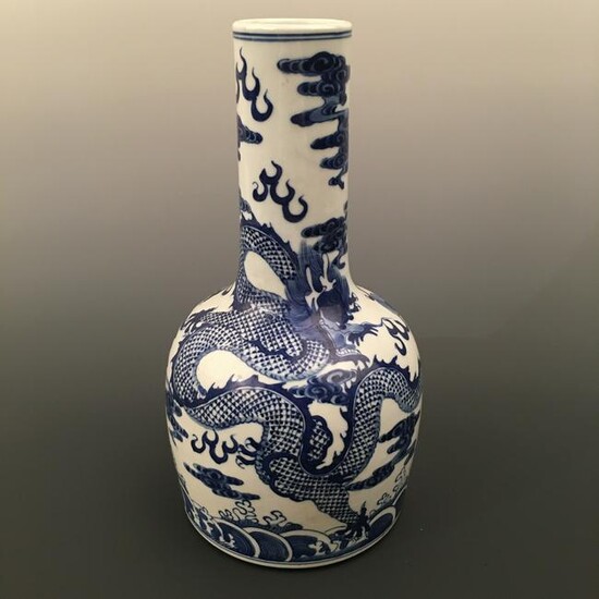 Chinese Blue-White Dragon Bottle Vase, Kangxi Mark