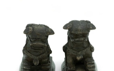 Chinese Bronze Miniatures, Foo Dogs on Plinths, Ca. 19th C., H 2" Depth 1.5" 320g 1 Pair