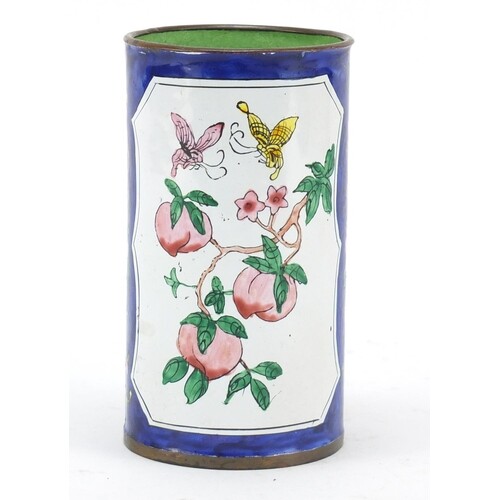 Chinese Canton enamel brush pot hand painted with birds and ...