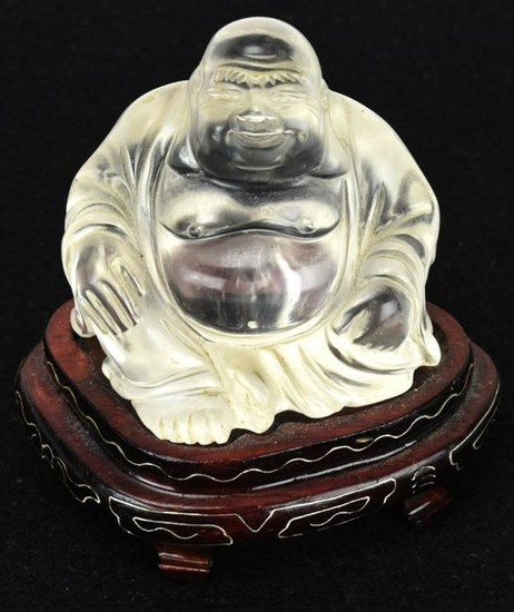 Chinese Carved Rock Quartz Buddha on Stand