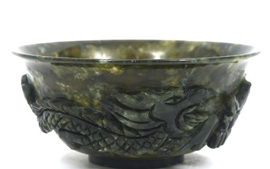 Chinese Carved Spinach Jade Dragon Bowl
