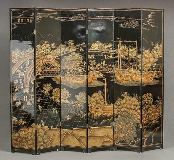 Chinese Raised Gilt Black Lacquer Six-Panel Screen, 20th Century