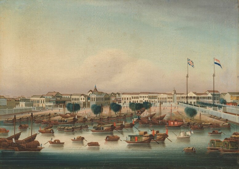 Chinese School, circa 1828, The Hongs at Canton with the British and Dutch factories in residence