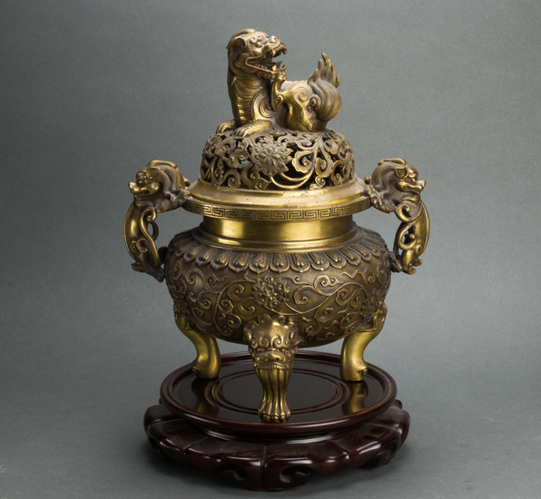 Chinese bronze covered tripod censer