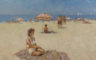 Chris van Dijk(1952) - Girl sits on a blanket on the beach