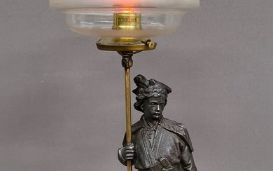 Circa 1870's Figural Gas Table Lamp (now electrified) with period antique 2 5/8" fitter & cut glass