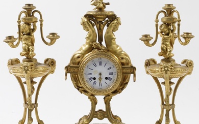 Clock garrison and two Louis XVI style gilt bronze candelabras, Japy Frères, France, 19th century