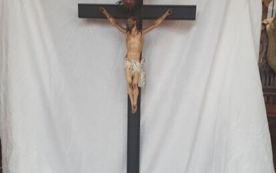 Crucifix, 112 cm (1) - Wood, wooden cross of pau santo, silver plate and glitter with semi-precious stones - 19th century